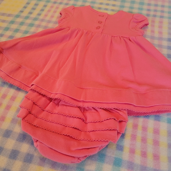 LITTLE ME 🌺 Vintage 2pc Coral Smocked Floral Embroidery Ruffled Dress Outfit 3M - Picture 12 of 17